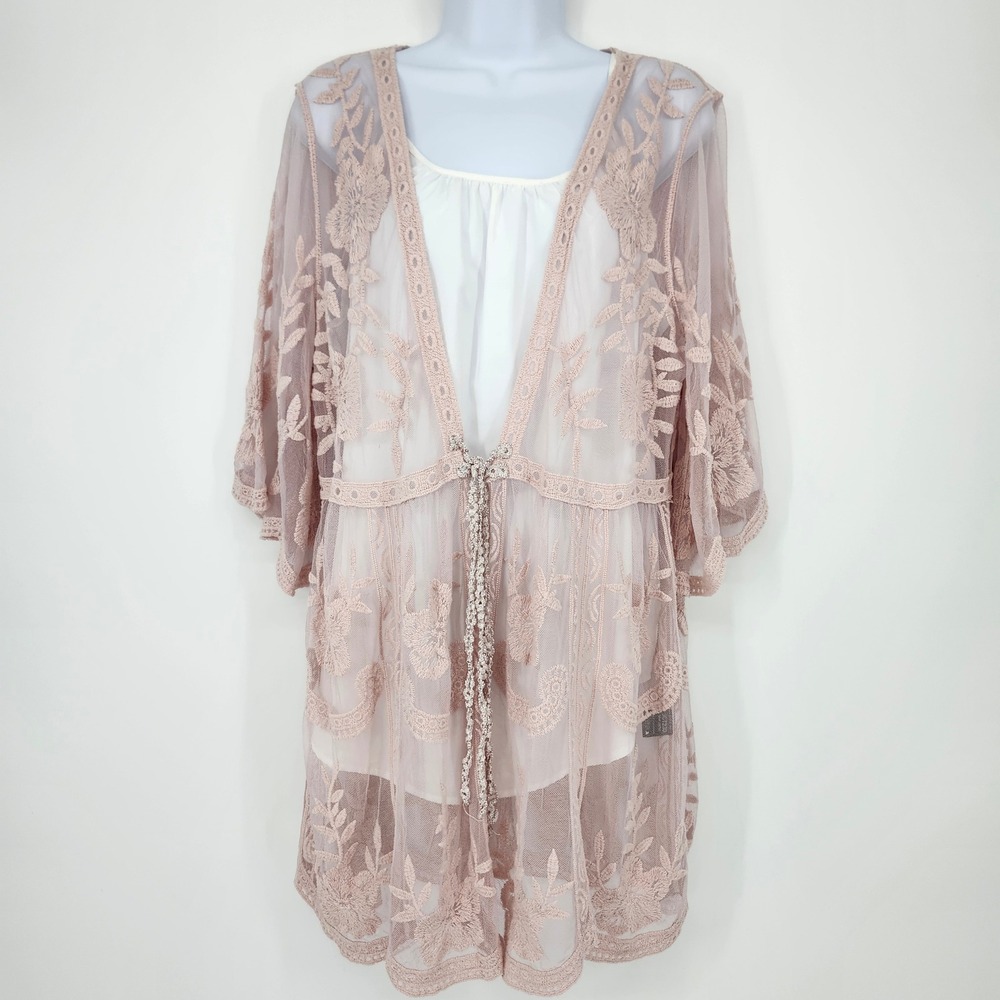 POL Sheer Lace Kimono in Blush Pink